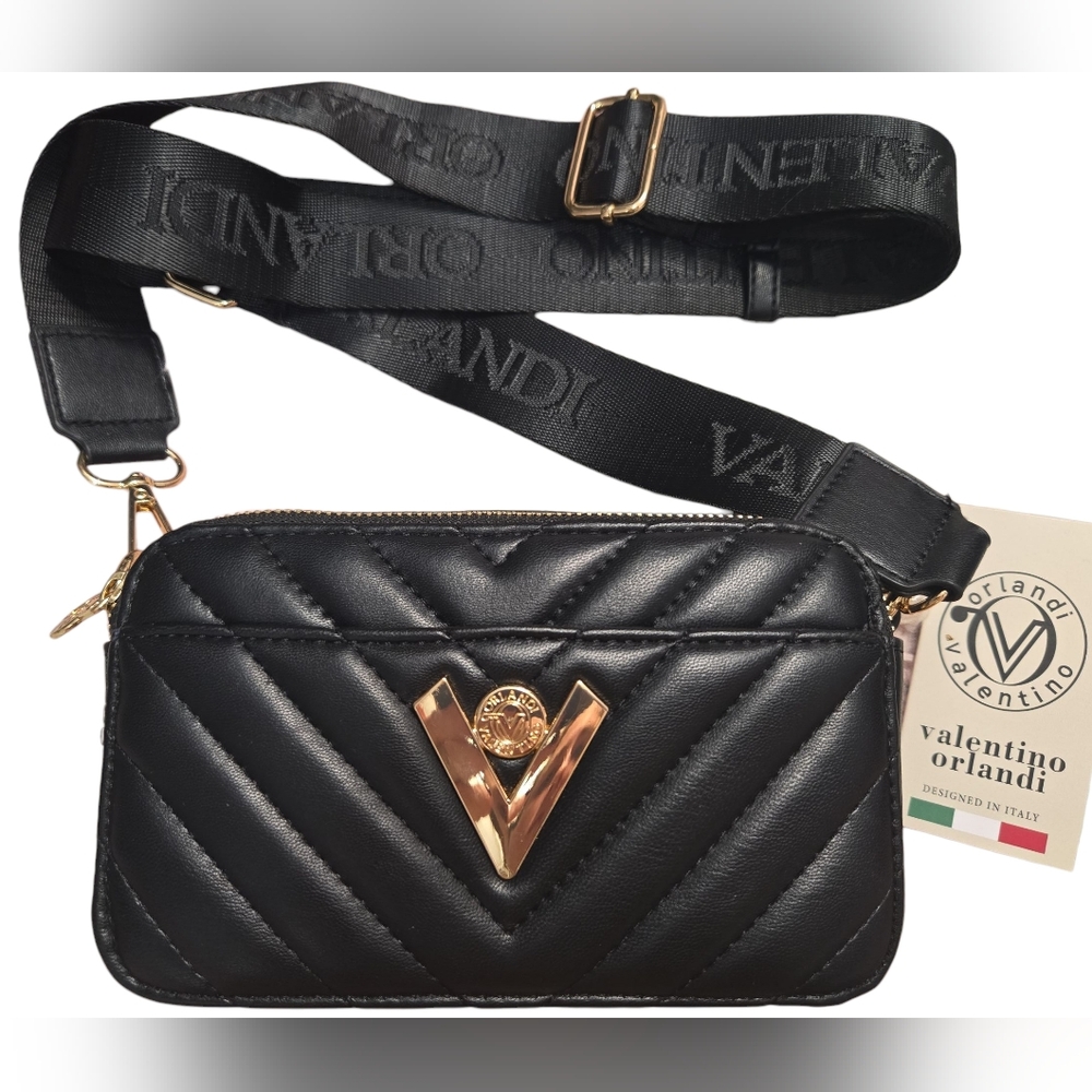 Valentino Orlandi Black Crossbody Bag with Gold Accents